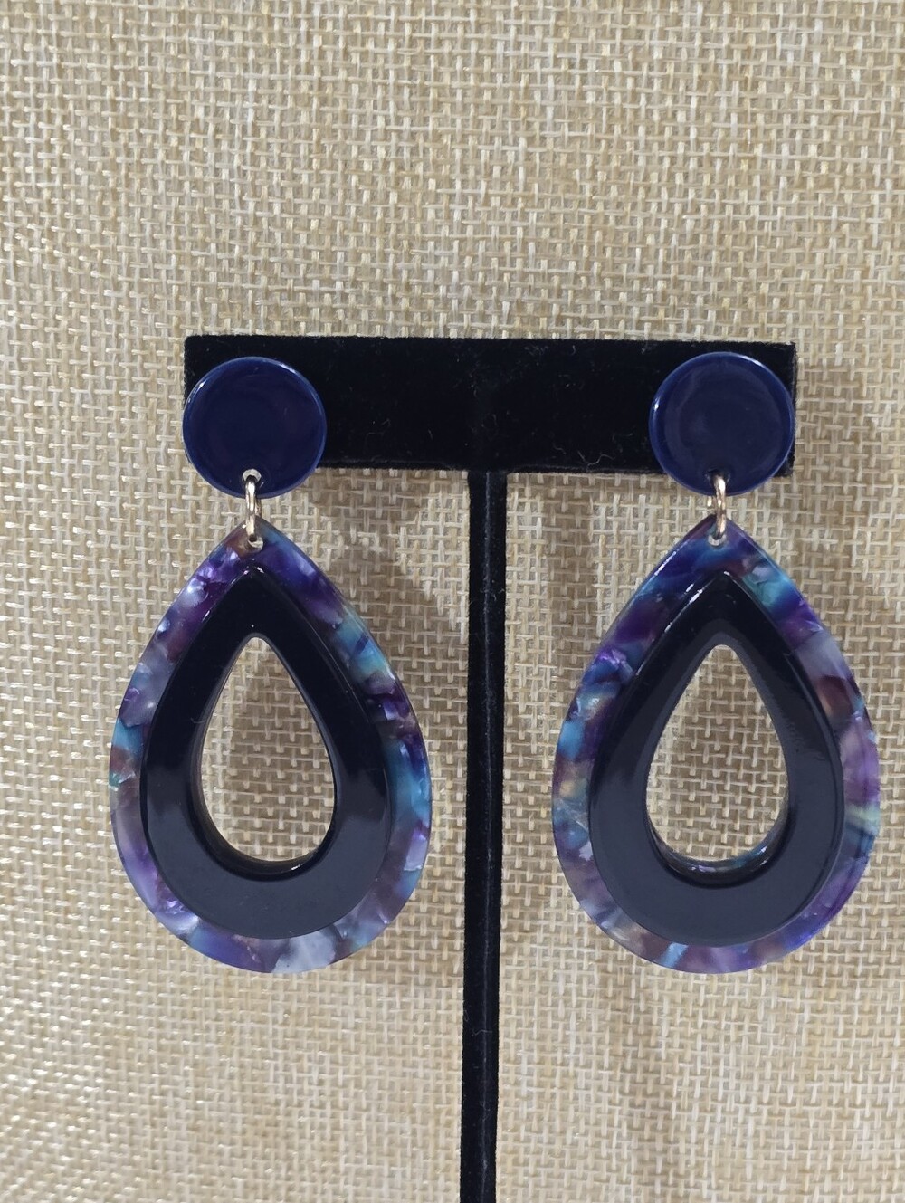 Navy Blue & Purple Teardrop Resin Drop Pierced Earrings